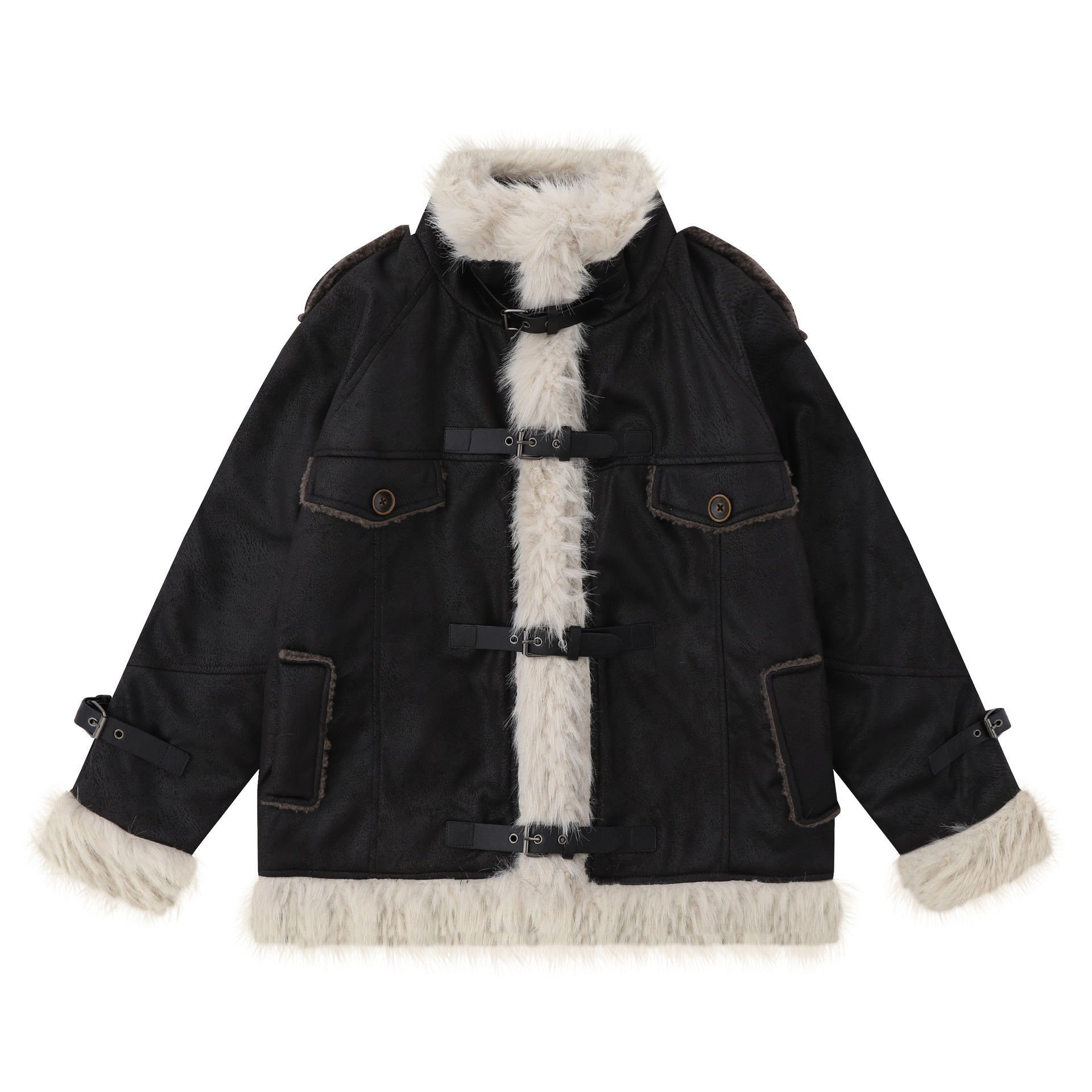 Black Leather Coat with wool cotton blend and faux fur trim, toggle closures, and utility pockets, available in S to XL.