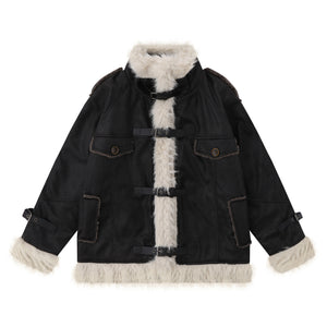 Black Leather Coat with wool cotton blend and faux fur trim, toggle closures, and utility pockets, available in S to XL.
