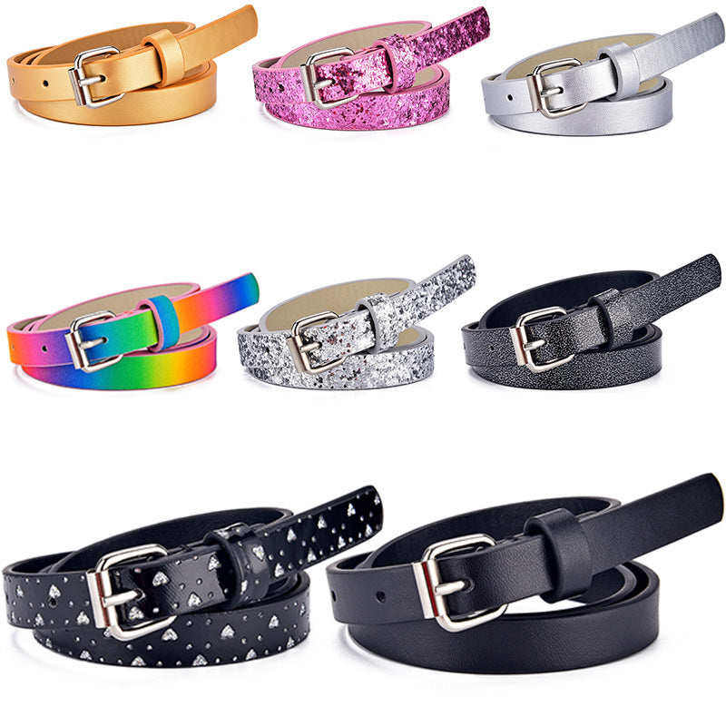 Assorted Kids Heart Glitter Belts for girls in vibrant colors like gold, pink glitter, silver, and rainbow, made from imitation leather.