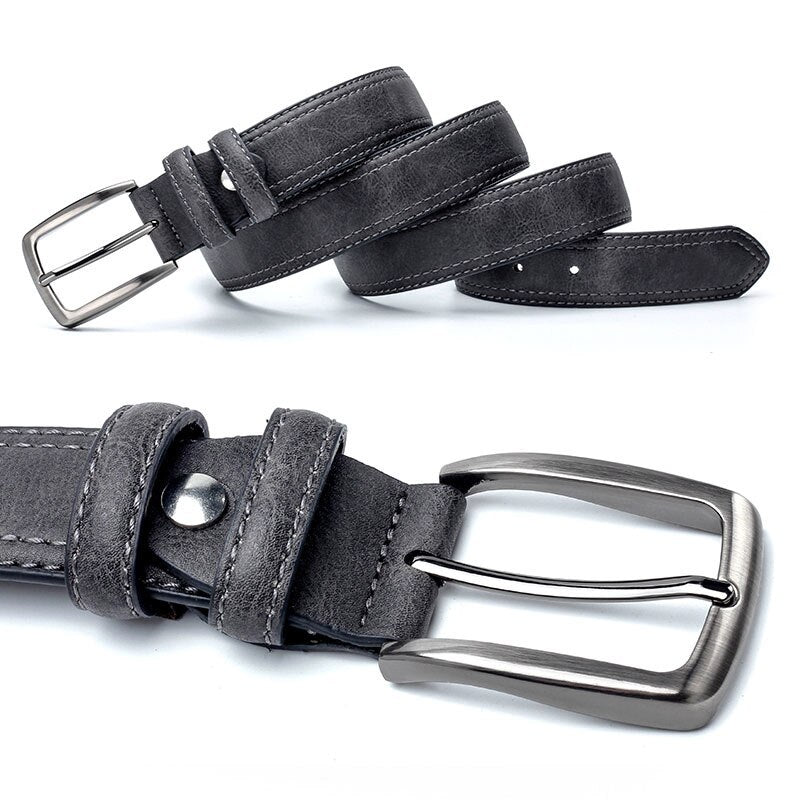 Dark grey vintage leather belt for men with alloy buckle and fine stitching. Durable split leather ideal for pairing with jeans or casual pants.