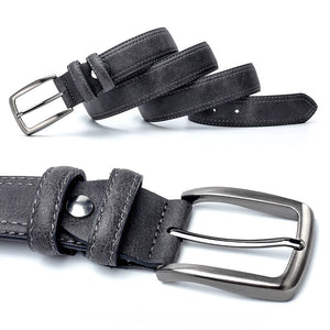 Dark grey vintage leather belt for men with alloy buckle and fine stitching. Durable split leather ideal for pairing with jeans or casual pants.