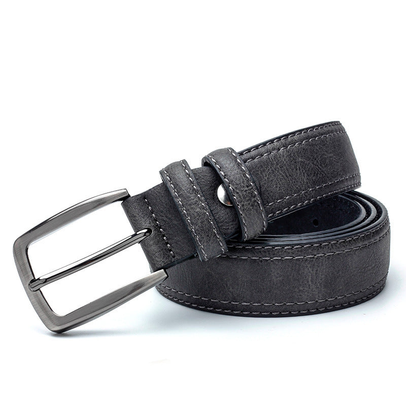 Vintage-style dark grey leather belt for men with alloy buckle and stitched detailing. Designed for jeans and casual fashion looks.