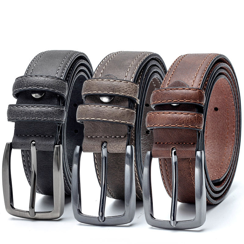 Set of three vintage leather belts for men in dark grey, light coffee, and red brown. Stylish split leather with alloy buckles for jeans and casual wear.