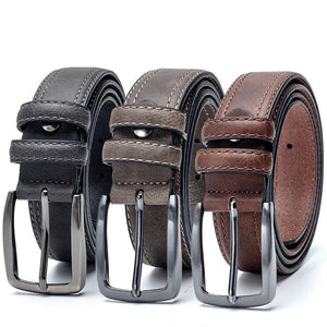 Set of three vintage leather belts for men in dark grey, light coffee, and red brown. Stylish split leather with alloy buckles for jeans and casual wear.