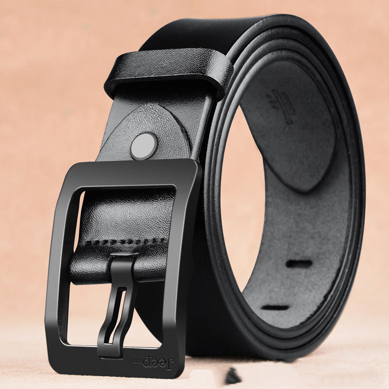 Black cowhide belt for men with matte black needle buckle, featuring a classic retro design and durable two-layer leather construction.