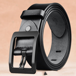 Black cowhide belt for men with matte black needle buckle, featuring a classic retro design and durable two-layer leather construction.