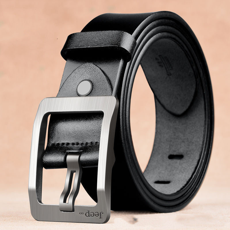 Black men's cowhide belt with silver needle buckle, 3.8CM wide, designed in a retro style with a solid alloy buckle for everyday wear.
