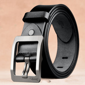 Black men's cowhide belt with silver needle buckle, 3.8CM wide, designed in a retro style with a solid alloy buckle for everyday wear.