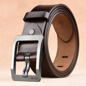 Coffee brown men's cowhide belt with silver needle buckle, retro style with 3.8CM width and solid alloy hardware for a rugged look.