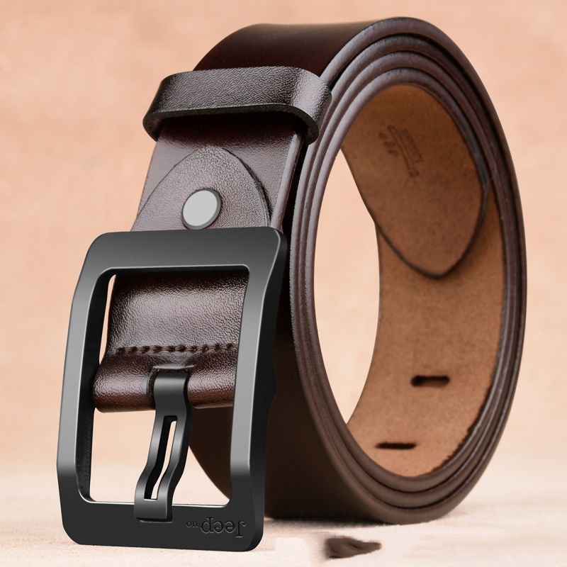 Coffee brown cowhide belt for men with black needle buckle, retro-inspired design crafted from two layers of genuine leather.