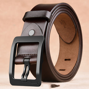 Coffee brown cowhide belt for men with black needle buckle, retro-inspired design crafted from two layers of genuine leather.