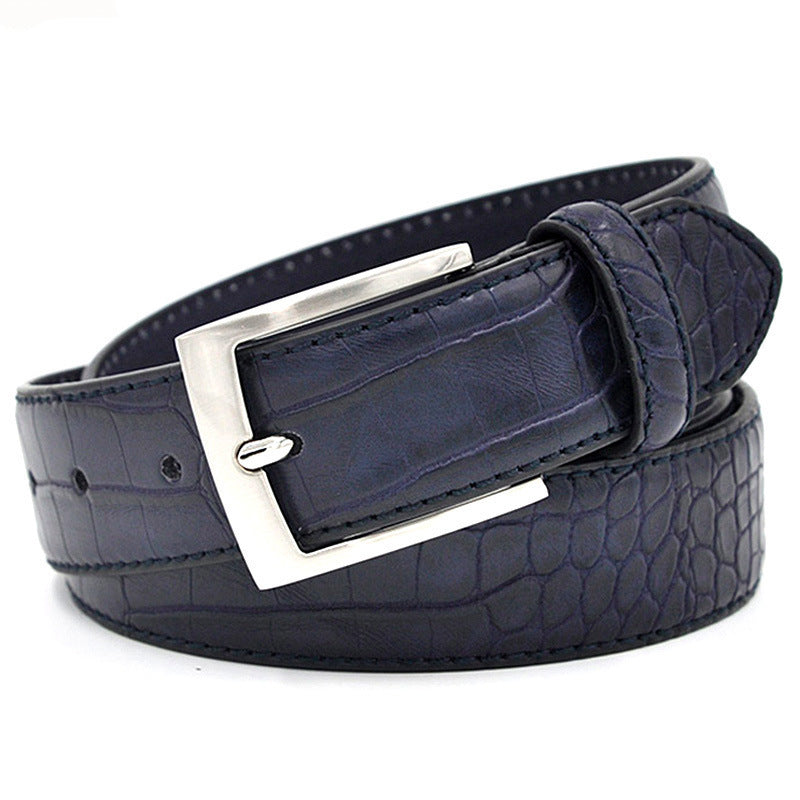 Navy blue men's luxury belt with faux crocodile leather texture and silver buckle, fashionable waist accessory for formal or casual wear.