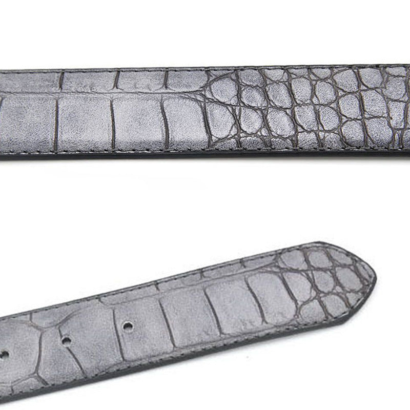 Close-up of grey split leather men's designer belt with faux crocodile texture, ideal for luxury waist accessories collection.