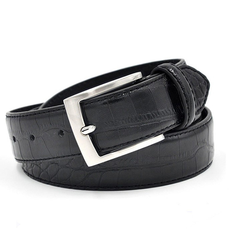 Men's designer black faux leather belt with crocodile pattern and silver rectangular buckle, luxury waist accessory for formal wear.