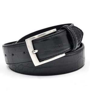 Men's designer black faux leather belt with crocodile pattern and silver rectangular buckle, luxury waist accessory for formal wear.