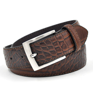 Brown faux leather men's belt with textured crocodile pattern and silver buckle, premium designer waist accessory at factory price.