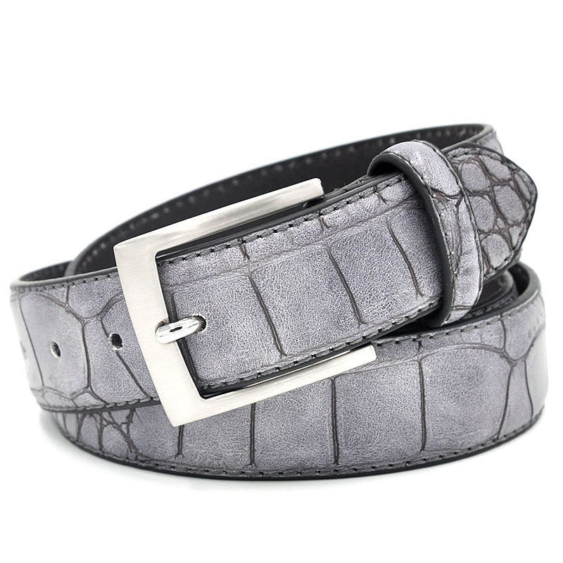 Elegant grey men's designer belt with split leather and crocodile pattern, featuring a sleek rectangular alloy buckle for luxury styling.