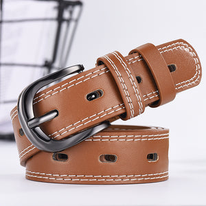 Brown unisex thin waist belt with hollow-out slots and white stitching, designed for students and casual denim looks.