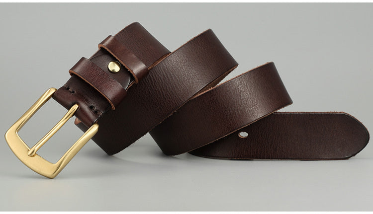 Dark brown Handmade Cowhide Men's Leather Belt with gold buckle, tailored for stylish and durable daily use.