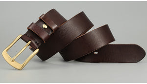 Dark brown Handmade Cowhide Men's Leather Belt with gold buckle, tailored for stylish and durable daily use.