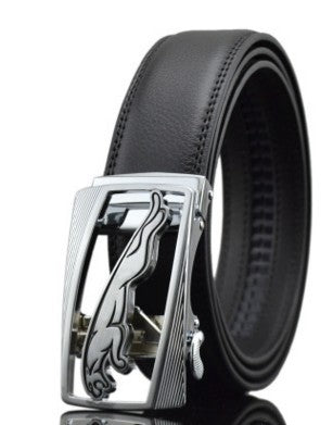 Men's cowhide leather belt with silver automatic buckle and panther cutout design, 110-130CM length, 3.5CM wide.