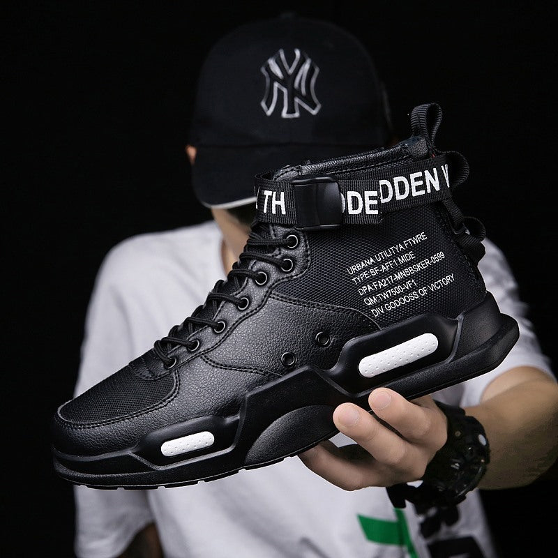High-top black Air Force One sneakers with bold white text, non-slip sole, and ankle strap, ideal for urban streetwear and casual fashion.