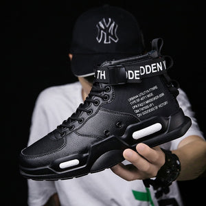 High-top black Air Force One sneakers with bold white text, non-slip sole, and ankle strap, ideal for urban streetwear and casual fashion.