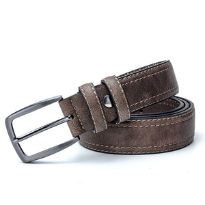 Light coffee vintage leather belt for men with alloy buckle, ideal for jeans and casual outfits. Features detailed stitching and split leather design.