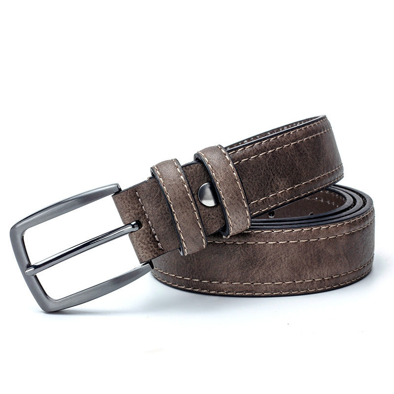 Light coffee men's vintage leather belt with alloy buckle and stitched edges. A stylish split leather accessory for jeans and casual outfits.