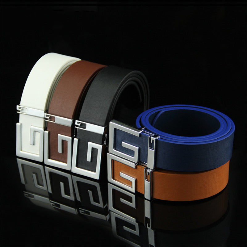 Men's and women's fashionable and simple smooth buckle belts in black, white, brown, navy, and tan with alloy G-shaped buckles.