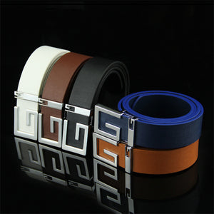 Men's and women's fashionable and simple smooth buckle belts in black, white, brown, navy, and tan with alloy G-shaped buckles.