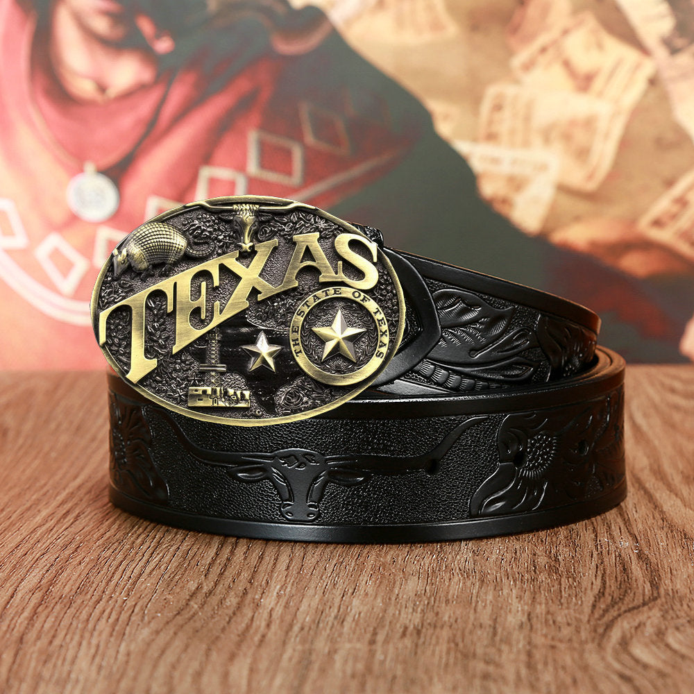Black cowhide Texas Cow Head Belt with embossed longhorns and bold gold Texas alloy buckle. Unisex western fashion statement piece.
