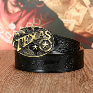 Black cowhide Texas Cow Head Belt with embossed longhorns and bold gold Texas alloy buckle. Unisex western fashion statement piece.