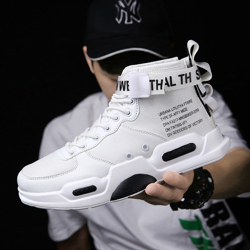 High-top white Air Force One sneakers with bold black text details and thick sole, designed for men with non-slip functionality and streetwear style.