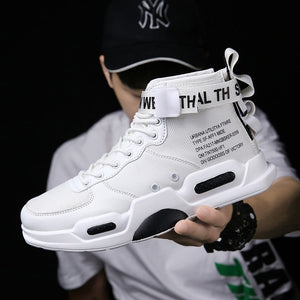 High-top white Air Force One sneakers with bold black text details and thick sole, designed for men with non-slip functionality and streetwear style.
