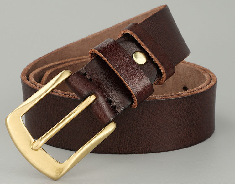 Handmade Cowhide Men's Leather Belt in deep brown with a gold buckle, designed for casual and business attire.