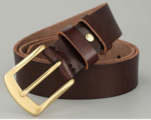 Handmade Cowhide Men's Leather Belt in deep brown with a gold buckle, designed for casual and business attire.