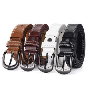 Unisex thin waist belts in brown, burgundy, white, and black with hollow-out design and contrast stitching, ideal for denim or dress wear.