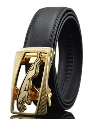 Men's leather belt with gold automatic buckle and leaping panther design, made from cowhide, 110-130CM long, 3.5CM wide.