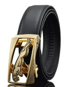 Men's leather belt with gold automatic buckle and leaping panther design, made from cowhide, 110-130CM long, 3.5CM wide.
