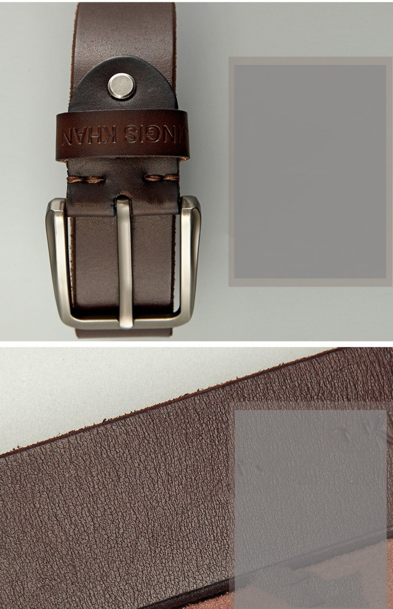Close-up of dark brown Handmade Cowhide Men's Leather Belt with embossed branding and silver buckle detail.