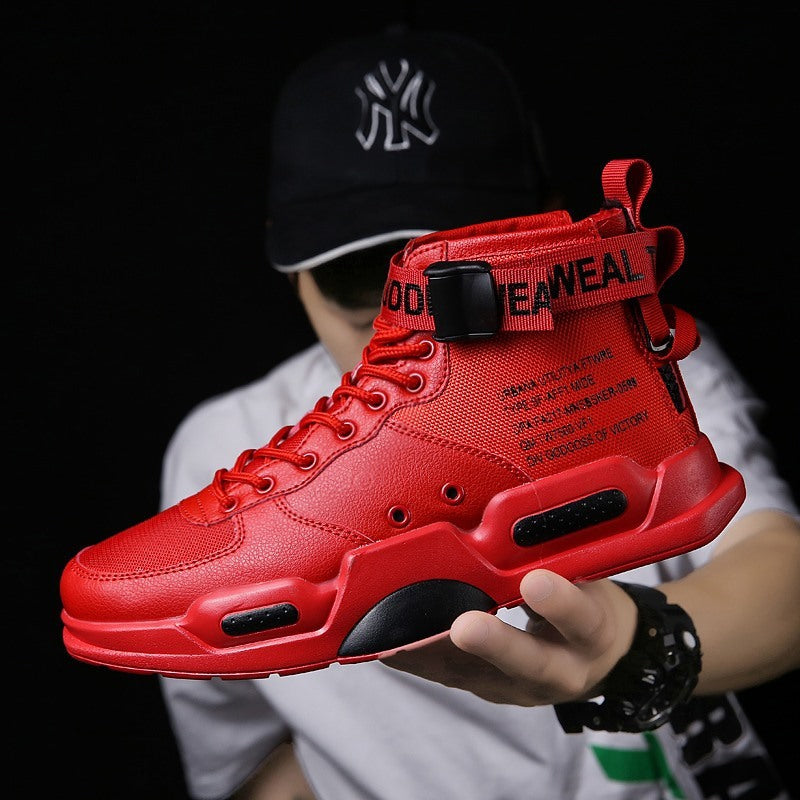 Bold red Air Force One sneakers with high-top design, mesh panels, and black strap detailing for non-slip performance and streetwear style.