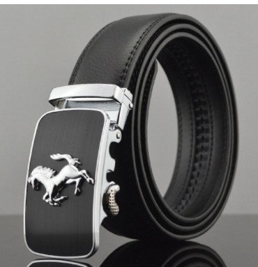 Cowhide men's leather belt with silver automatic buckle and horse design, 110-130CM adjustable length, 3.5CM wide.