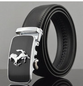 Cowhide men's leather belt with silver automatic buckle and horse design, 110-130CM adjustable length, 3.5CM wide.