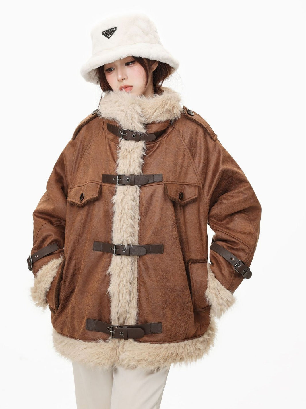 Model in brown wool cotton blend Leather Coat with toggle buttons and faux fur trim, showcasing cozy winter outerwear.