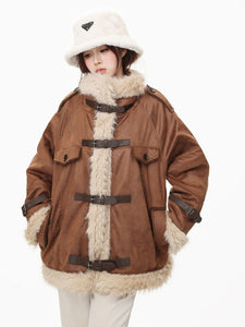 Model in brown wool cotton blend Leather Coat with toggle buttons and faux fur trim, showcasing cozy winter outerwear.