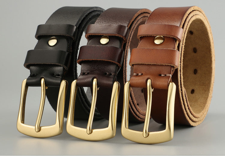 Set of three Handmade Cowhide Men's Leather Belts in black, brown, and tan with gold buckles, sizes 105-140cm.