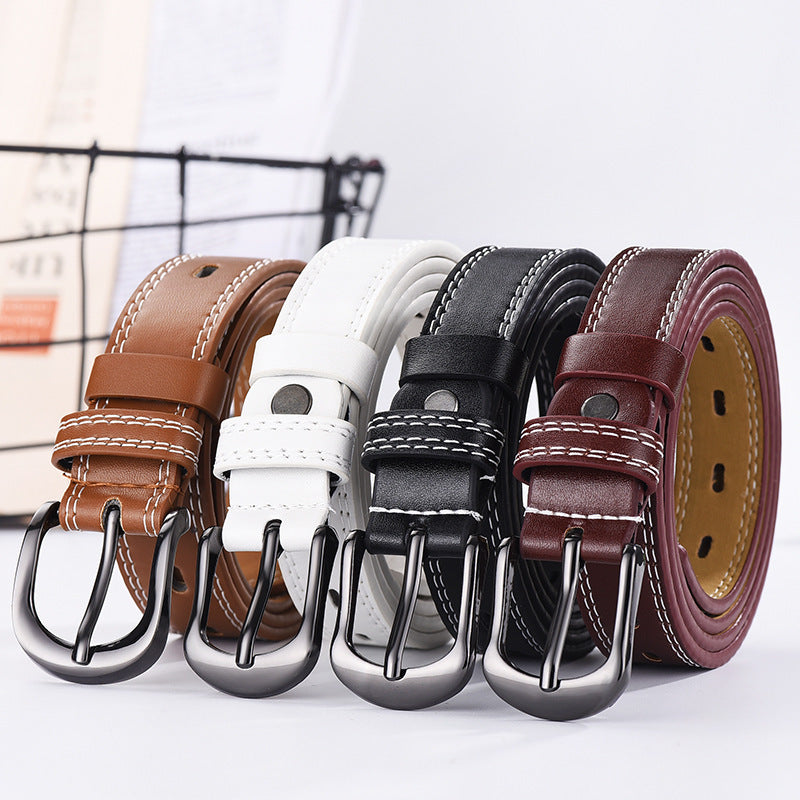 Stylish unisex thin belts in four colors with double-line stitching and metal buckles, perfect for casual or Korean fashion outfits.
