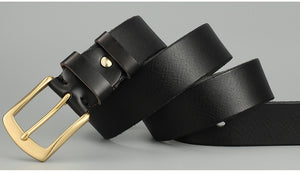 Black Handmade Cowhide Men's Leather Belt featuring a gold buckle, crafted for durability and style.