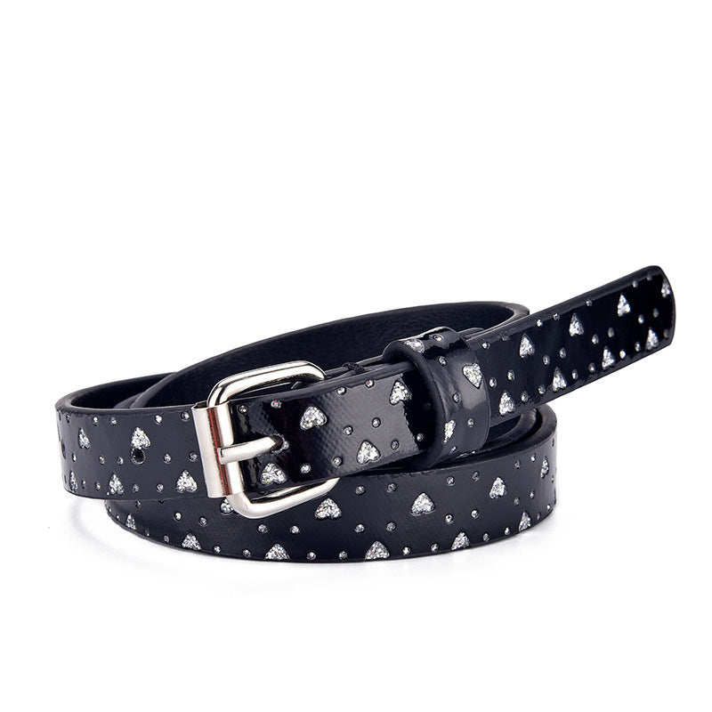 Black girls belt with silver heart accents and pin buckle, from the Kids Heart Glitter Belts collection, stylish and playful.